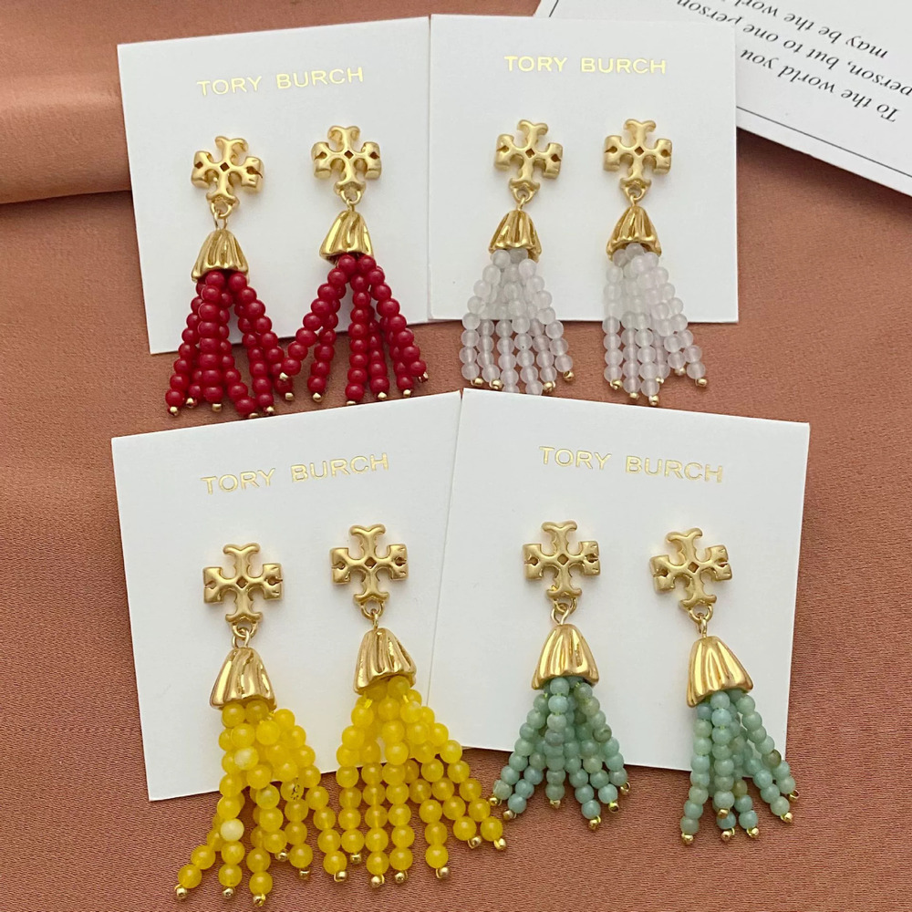 Tory Burch Letter Bead Long Tassel Drop Earrings Metal